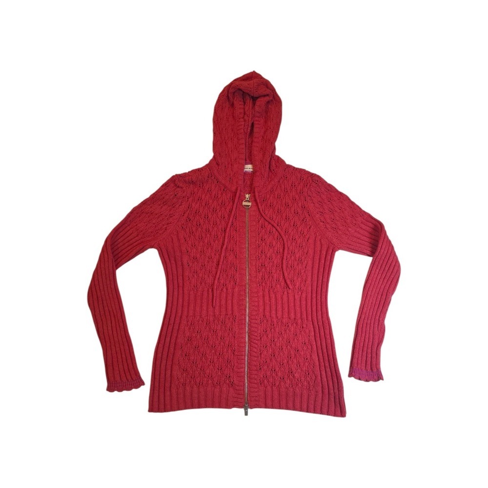 DKNY Jeans Women's L Red Hooded Cardigan Sweater Full Zip Open Knit Y2K